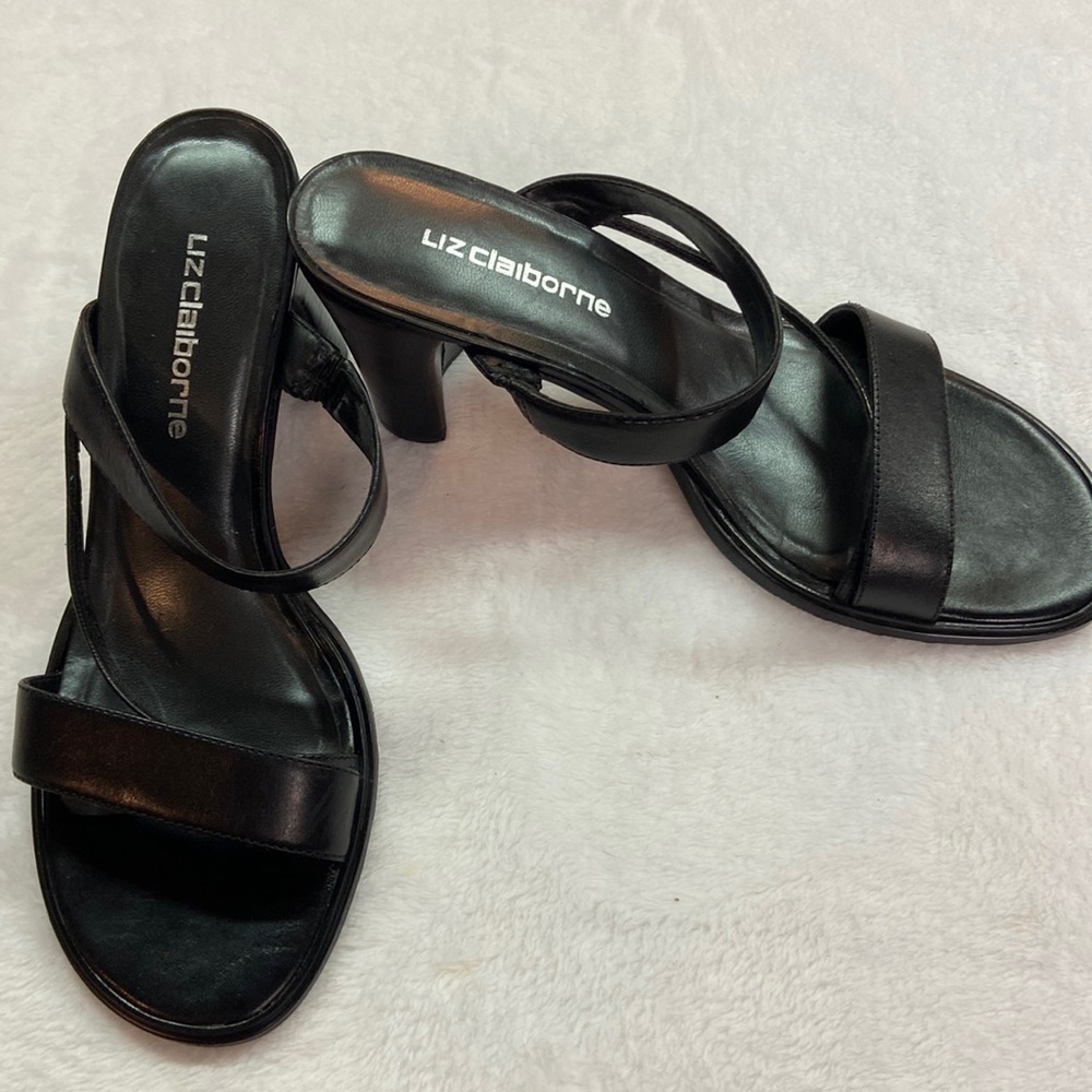 Liz Claiborne Tamra Black Leather Upper Sandal Black 3” Block Heel Size 6.5